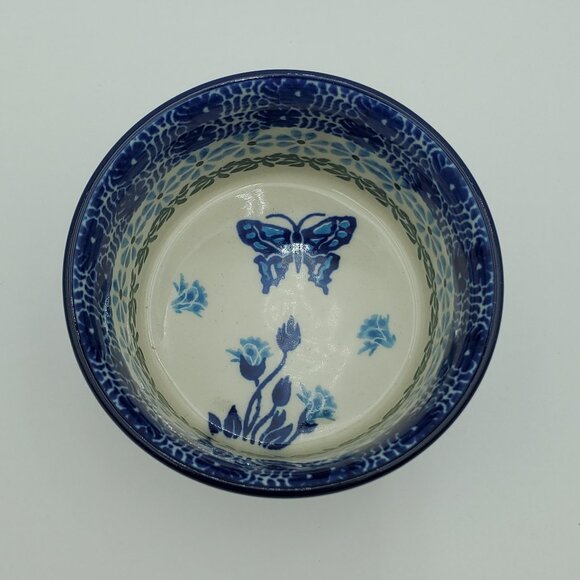 Polish Pottery Small Blue Butterfly Bowl Blue Flowers Ramekin Trinket Dish - Picture 3 of 6